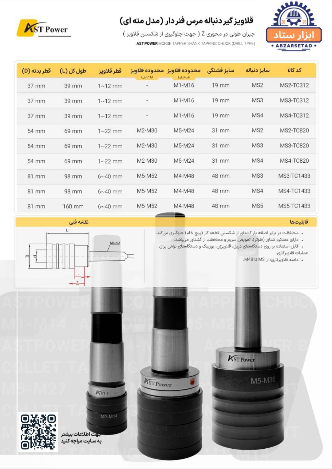 قلاویزگیر دنباله مرس فنردار(مدل مته ای) مدل AST POWER   MS4-TC1433